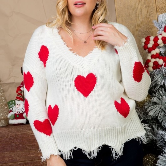 Sweaters - PLUS SIZE VDAY hearts Print Frayed Sweater